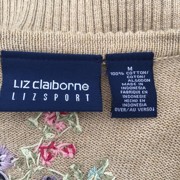 Beautiful LIZ Claiborne Tan floral embroidered Cardigan sweater medium 1529 - Picture 2 of 8